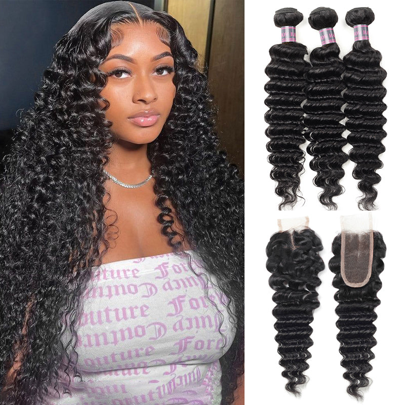 Ishow Deep Wave Human Hair Bundles With Lace Closure