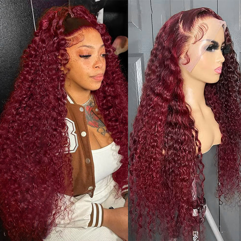 99J Burgundy Deep Wave HD Lace Frontal Wig on mannequin and woman, featuring pre-plucked hairline, transparent Swiss lace, and natural deep wave texture.