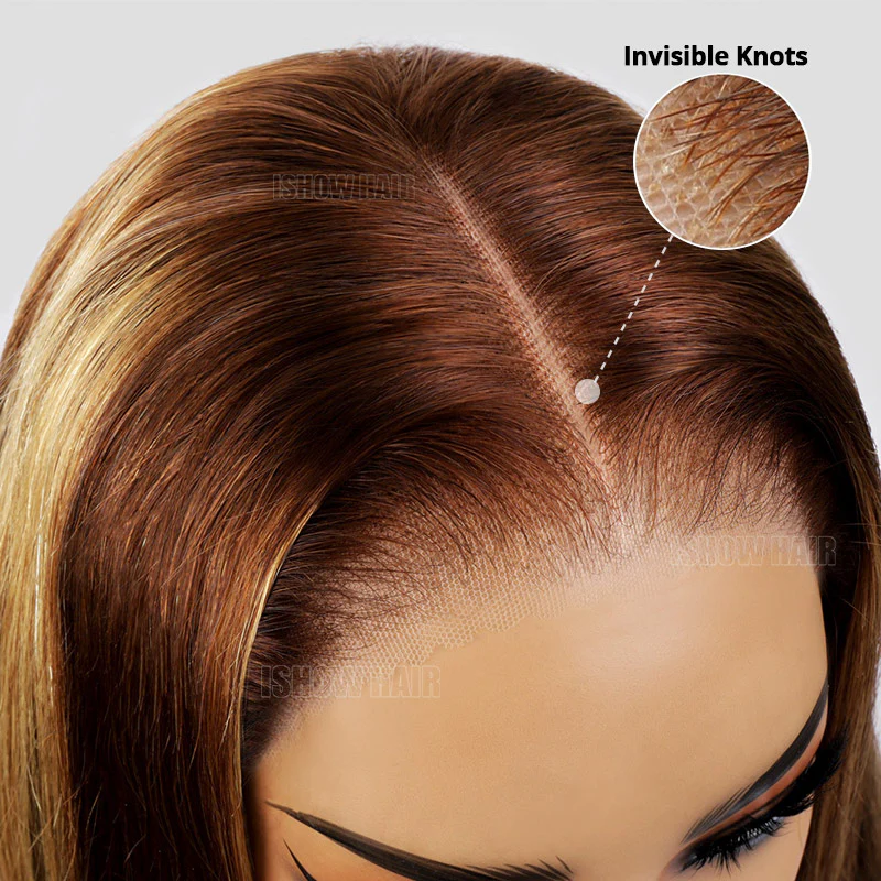 Close-Up of Pre-Plucked Hairline On Honey Blonde Body Wave Wig With Invisible Knots