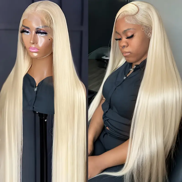 Woman wearing Ishow platinum blonde straight lace frontal human hair wig, posing in front of a neon sign, highlighting the wig's smooth texture and natural hairline.