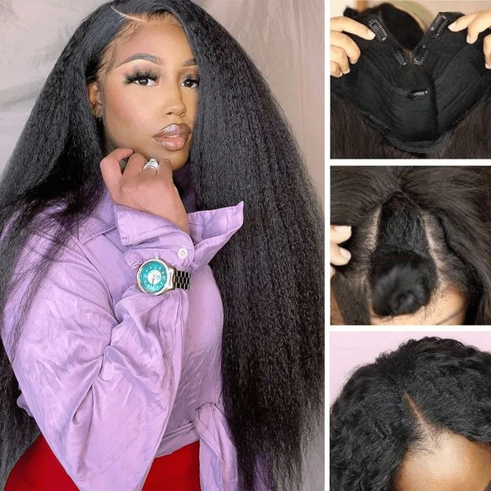 Model in Purple Outfit Wearing Kinky Straight 150% Density Human Hair Wig