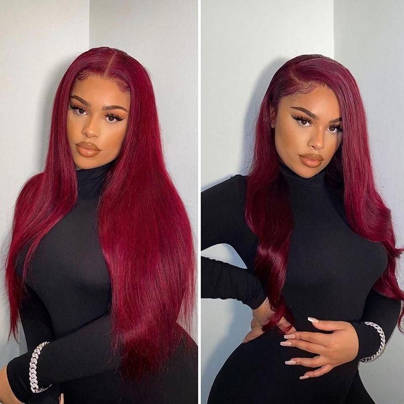 Burgundy Lace Front Wigs 32 Inch HD Human Hair Wigs Straight Colored Wigs With Baby Hair