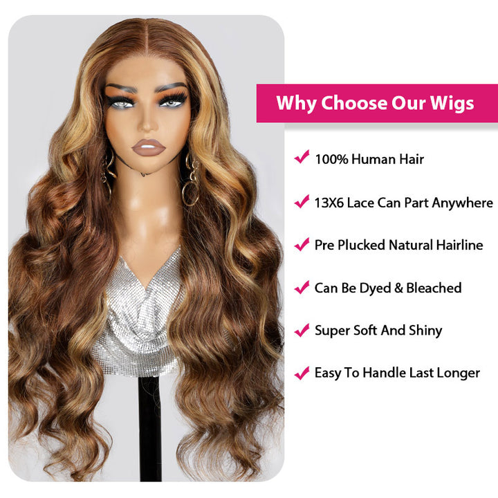 Honey Blonde Highlights Wig Styled in Soft Waves, Model With Natural Makeup