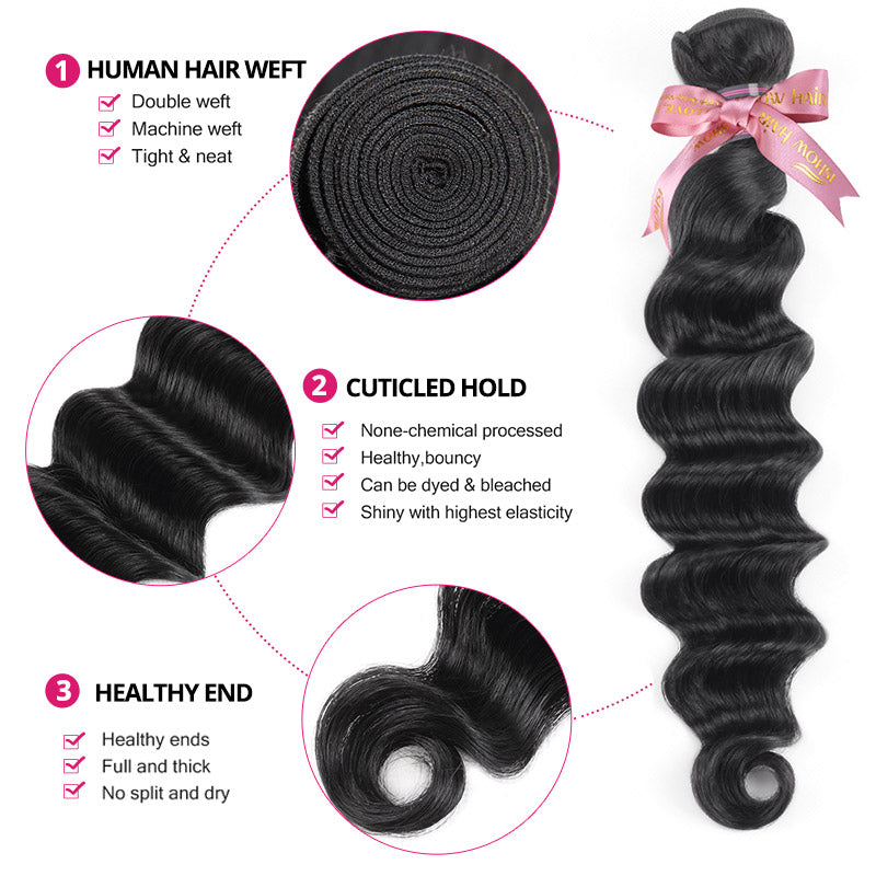 Loose Deep Wave Human Hair Bundle With Pink Ribbon and Detailed Features