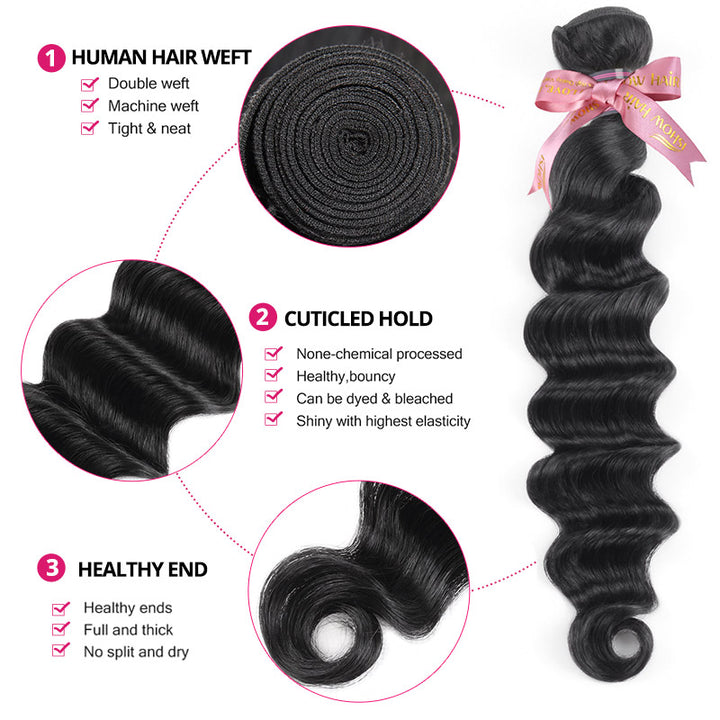 Loose Deep Wave Human Hair Bundle With Pink Ribbon and Detailed Features