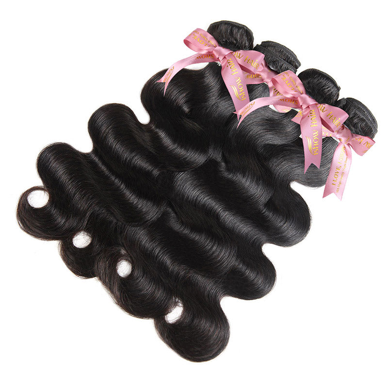 Four Bundles of Body Wave Black Hair Extensions With Pink Ribbons