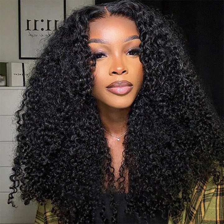 Kinky Curly HD Lace Front Wig in Natural Black Showcased By a Model With Voluminous Curls