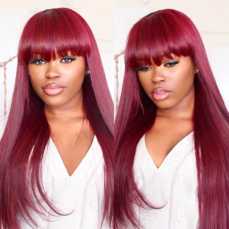99J Burgundy Color Straight Hair No Lace Wig With Bangs - IshowHair