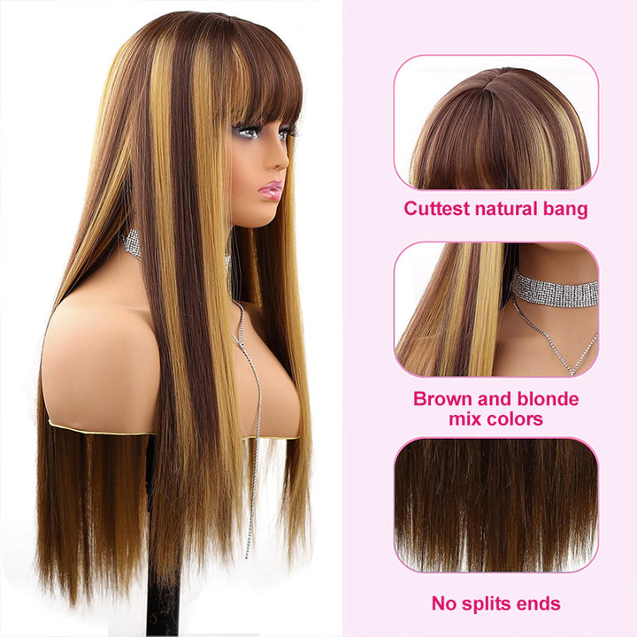 Ishow Beauty P4/27 Honey Blonde Color No Lace Straight Human Hair Wigs With Bangs - IshowHair