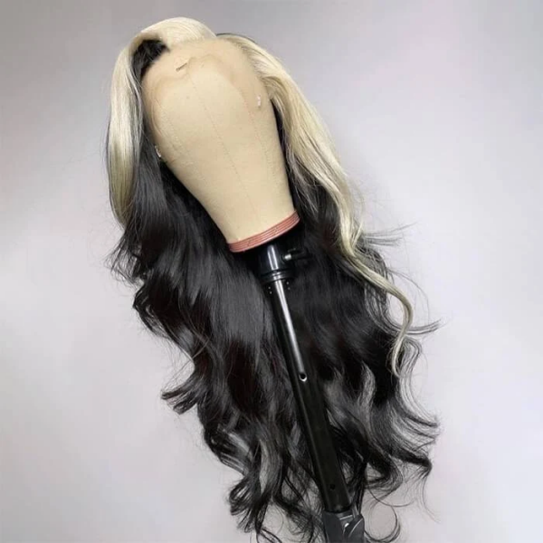 Blonde Skunk Stripe Body Wave Wig On Mannequin Head Highlighting Its Texture