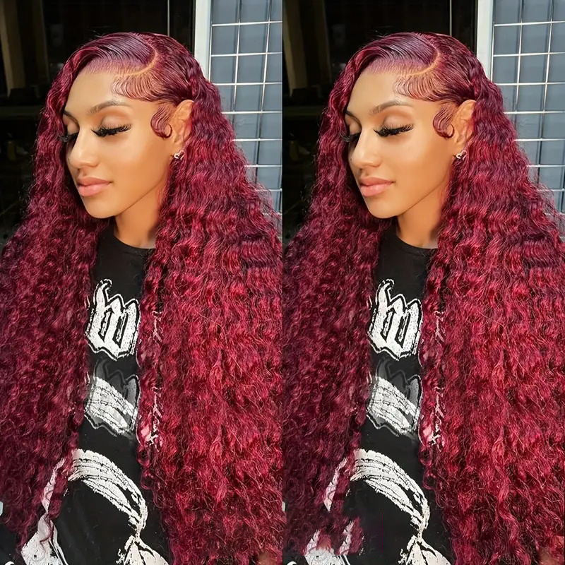 Model Wearing 99J Burgundy Deep Wave Wig, Showcasing Various Styles and Glossy Curls