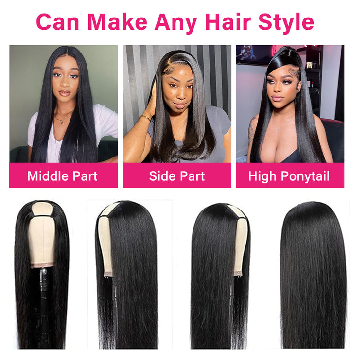Models Showcasing U Part Wig Styles: Middle Part, Side Part, High Ponytail Options