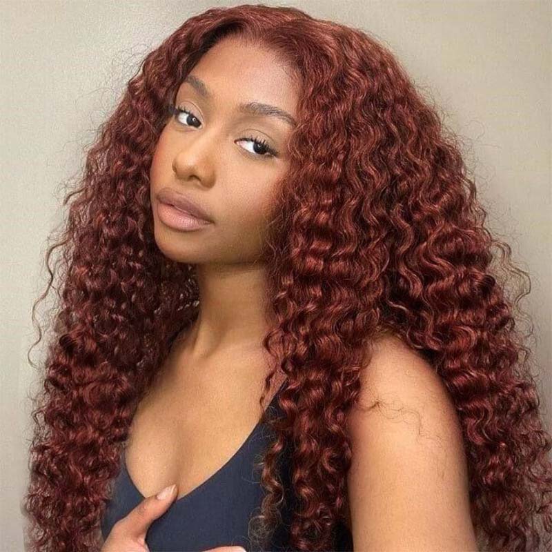 Model With Glossy Deep Curly Reddish Brown Lace Front Wig Showcasing Defined Curls