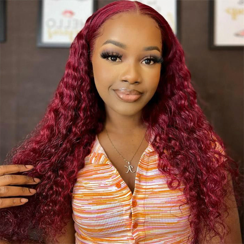 32-Inch 99J Burgundy Deep Wave HD Lace Frontal Wig Displayed On Mannequin and Model