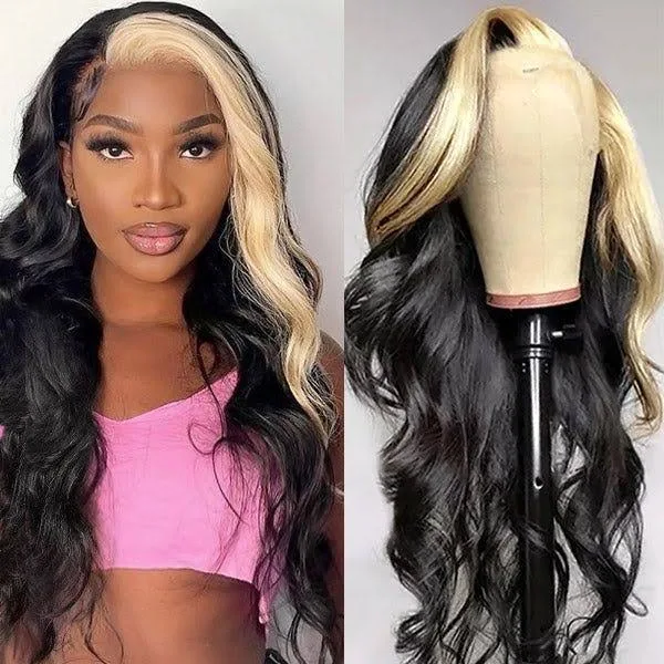 Woman wearing Ishow Ready To Wear Pre Cut Lace Wig with body wave texture and blonde skunk stripe. The wig is styled to look natural with a pre-plucked hairline.