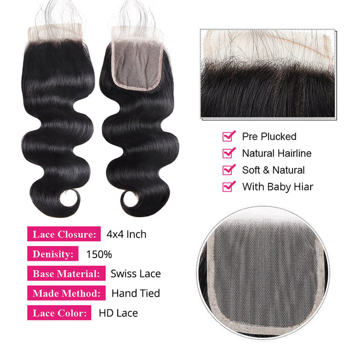 4X4 HD Lace Closure With Body Wave Texture and Natural Hairline for Seamless Styling