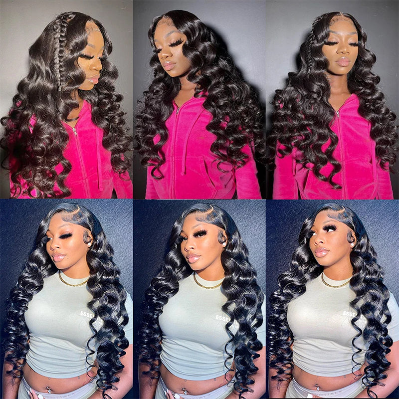 Model Displaying 32 Inch Loose Deep Wave Wig in Various Styles and Outfits
