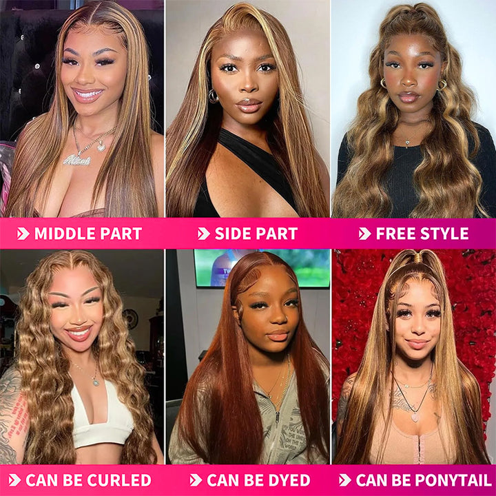Models Displaying Styling Options for Balayage Highlight Wigs With Text: Can Be Curled, Dyed, Ponytail