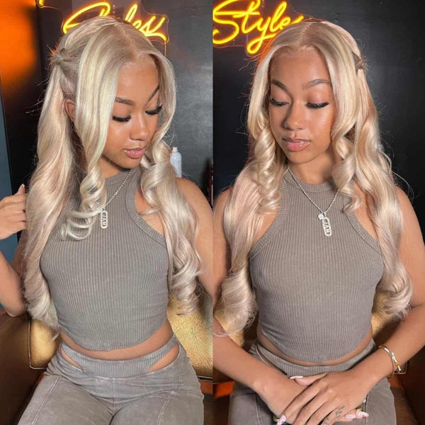 Model With Loose Curl Barbie Blonde Wig, Styled Elegantly in a Neutral Outfit