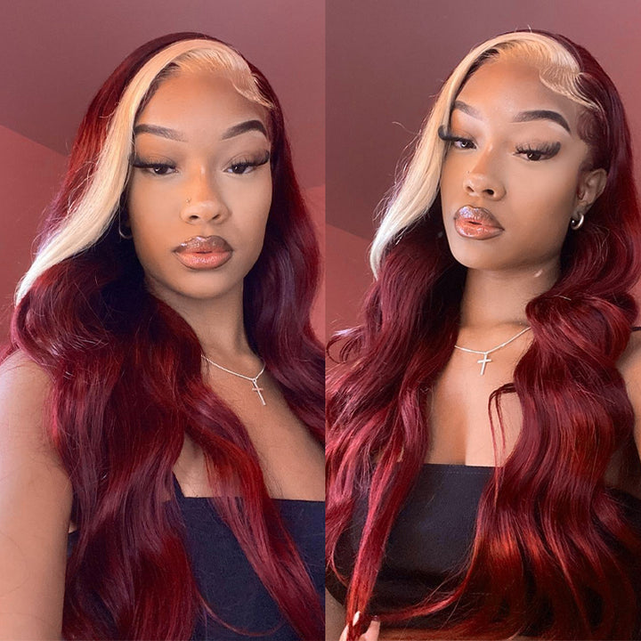 13x4 HD Transparent Lace Front Wigs Body Wave 99J Burgundy With 613 Blonde Highlight Wigs