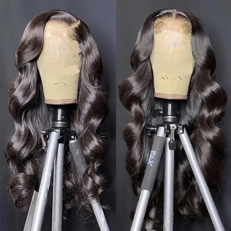 Two Body Wave Wigs On Mannequin Showcasing Soft Waves and Pre-Plucked Hairline