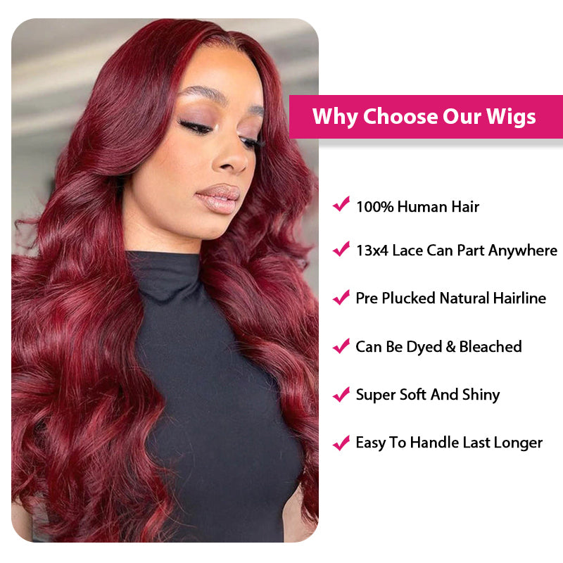 Burgundy Wigs 13x4 Body Wave Colored Lace Front Wigs 250% Density Human Hair Wigs