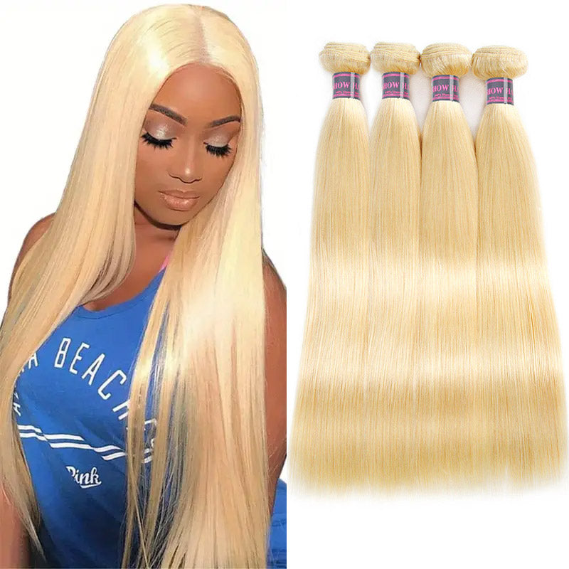 613 blonde straight hair bundles next to a woman wearing long, sleek blonde hair from Ishow Hair. High-quality Brazilian human hair bundles, available in 10-30 inches.