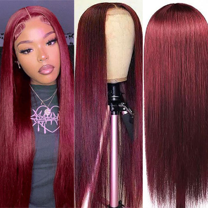 Burgundy Lace Front Wigs 32 Inch HD Human Hair Wigs Straight Colored Wigs With Baby Hair