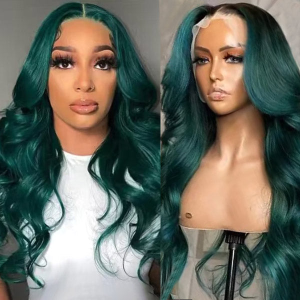Woman wearing Ishow dark green human hair wig with body wave texture, middle parting, pre-plucked hairline, and baby hairs, dressed in a white shirt, indoors.