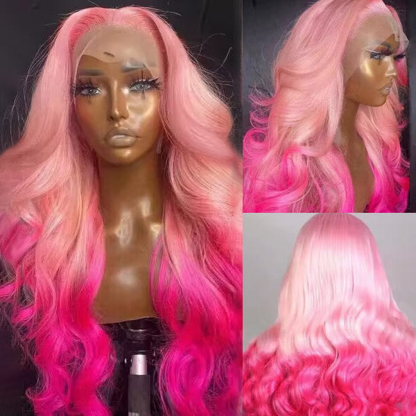 Side profile of a Barbie pink lace frontal wig with rose pink ombre, shown on a mannequin head with long, wavy hair.