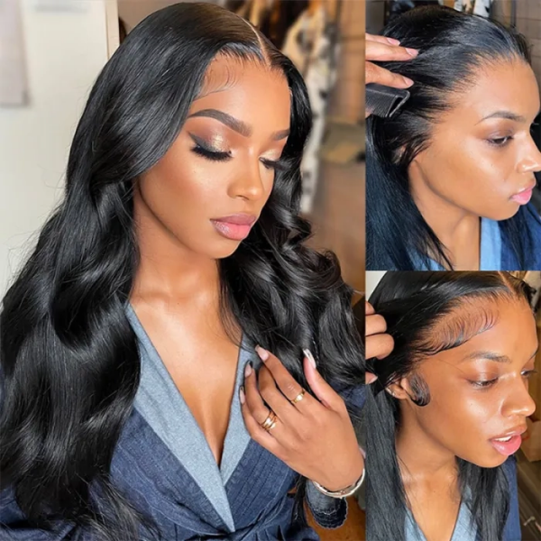 Model With Glowy Makeup Wearing Long, Sleek Body Wave Wig in Natural Black Color