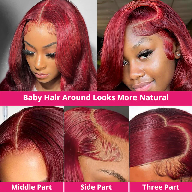 Burgundy Lace Front Wig With Baby Hair, Different Parting Styles