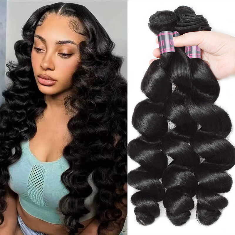Model With Long Loose Wave Hair Next to Brazilian Loose Wave Human Hair Bundles