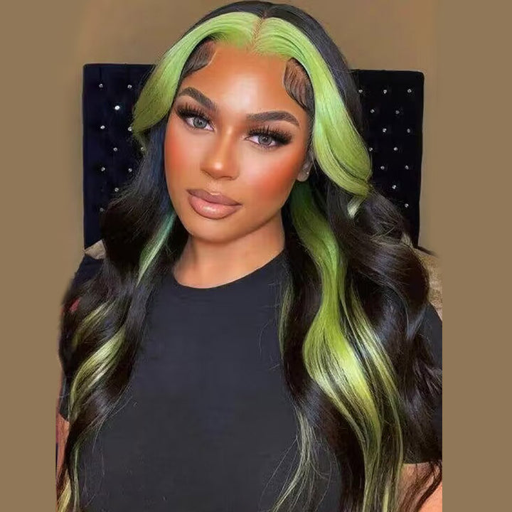 Green Skunk Stripe Lace Front Wig With Wavy Texture On a Model's Head