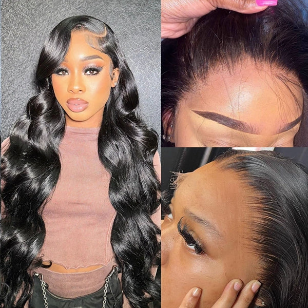 Model Showcasing Body Wave HD Lace Wig With a Natural Black Color and Pre-Plucked Hairline