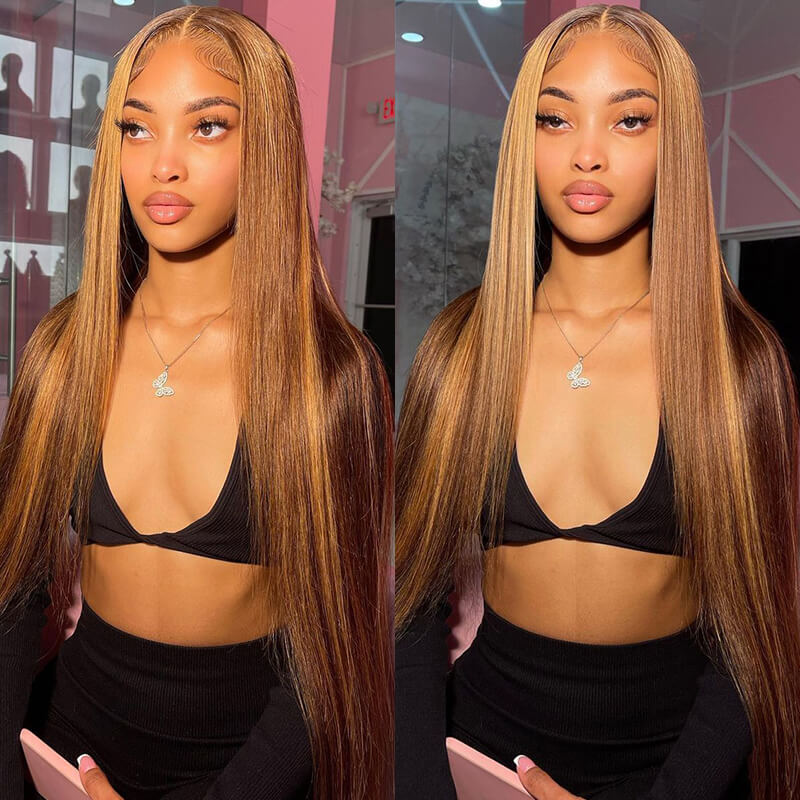 Glueless Straight Wig With P4/27 Highlights Styled On a Model