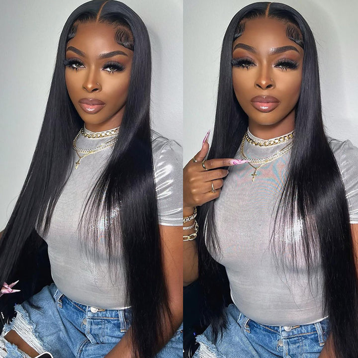 Model With Long, Straight Black Hair Bundles, Styled With a Gray Top and Denim Shorts