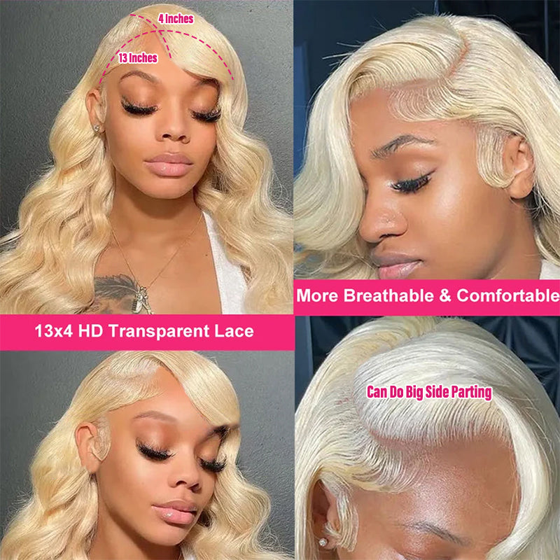 613 Body Wave Blonde Wig With 13X4 HD Lace, Showing Pre-Plucked Hairline and Smooth Waves