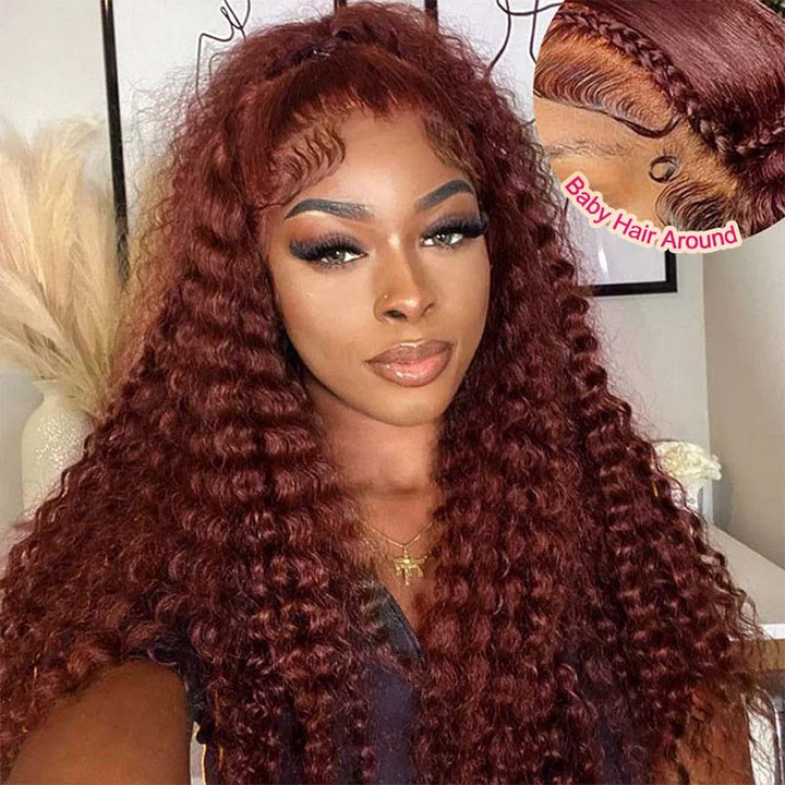 Brunette Model With Deep Curly Reddish Brown Lace Front Wig and Baby Hair Detail