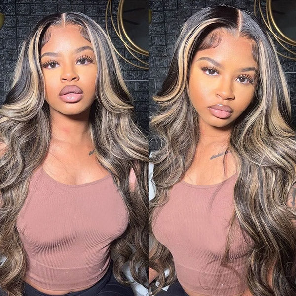 Woman posing with 30 inch body wave lace frontal wig in 1b/27 highlighted color, highlighting the wig's texture, volume, and natural soft tones from Ishow Beauty.