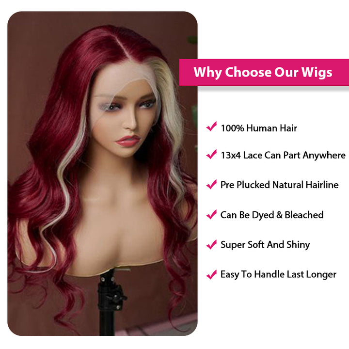 13x4 HD Transparent Lace Front Wigs Body Wave 99J Burgundy With 613 Blonde Highlight Wigs