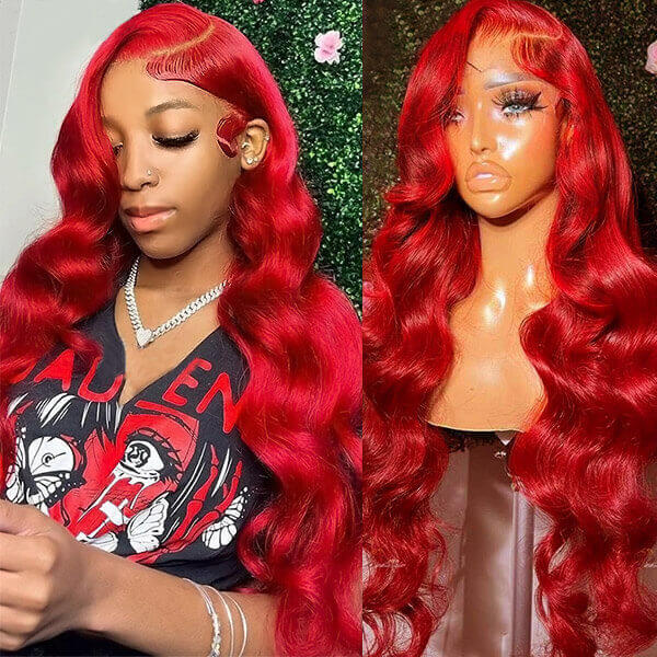 Model in Red Body Wave Wig With Pre-Cut Lace and Baby Hair, Showcasing Style