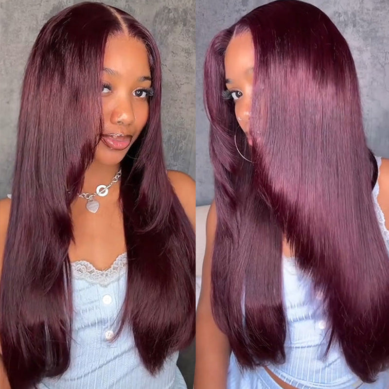 Ishow Black Cherry Layered Wig On a Woman, Straight Texture