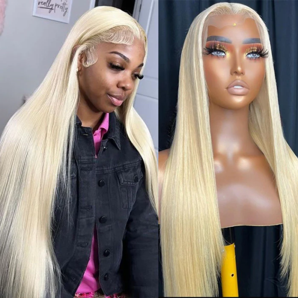 Side-By-Side of a Woman and Mannequin Showcasing Long Straight 613 Blonde Hair