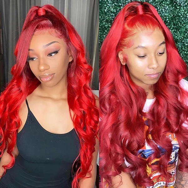 Side-By-Side View of a Model in a Red Body Wave Wig and a Woman With Natural Red Curls