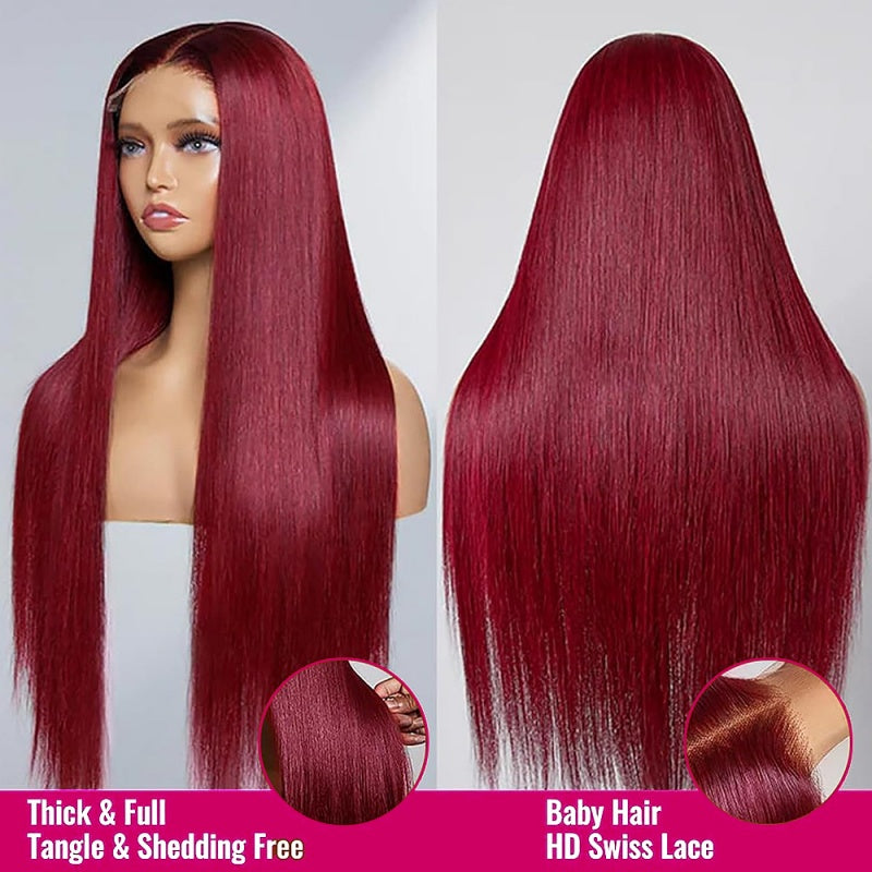 99J Burgundy Straight Hair Wig With HD Swiss Lace and Baby Hairs, Tangle-Free