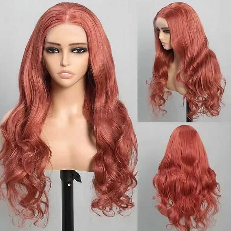 Long Brick Pink Wavy Wig Displayed On Mannequin, Highlighting Its Texture and Style