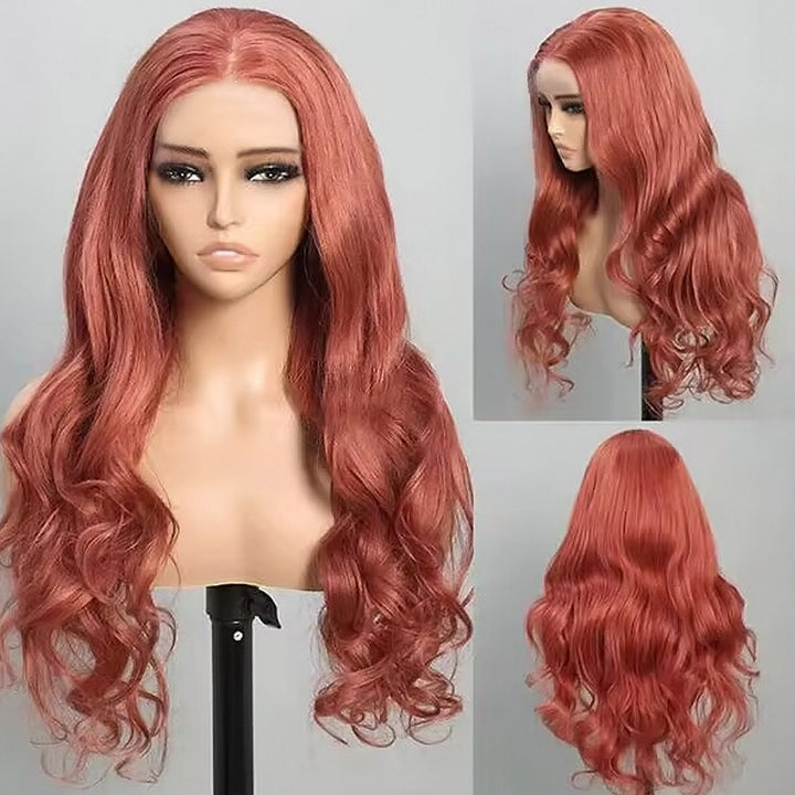 Long Brick Pink Wavy Wig Displayed On Mannequin, Highlighting Its Texture and Style