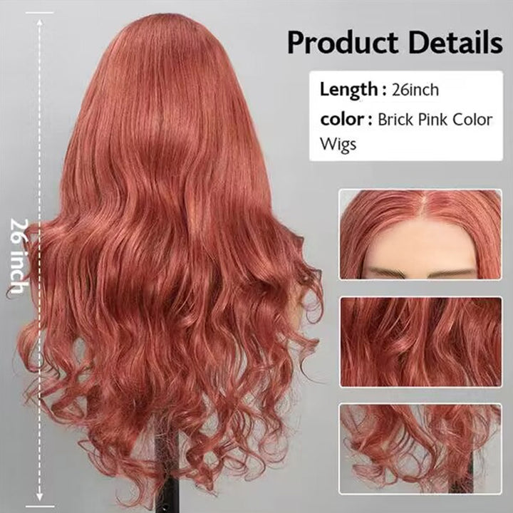 26-Inch Body Wave Brick Pink Wig With Detailed Curls On Mannequin