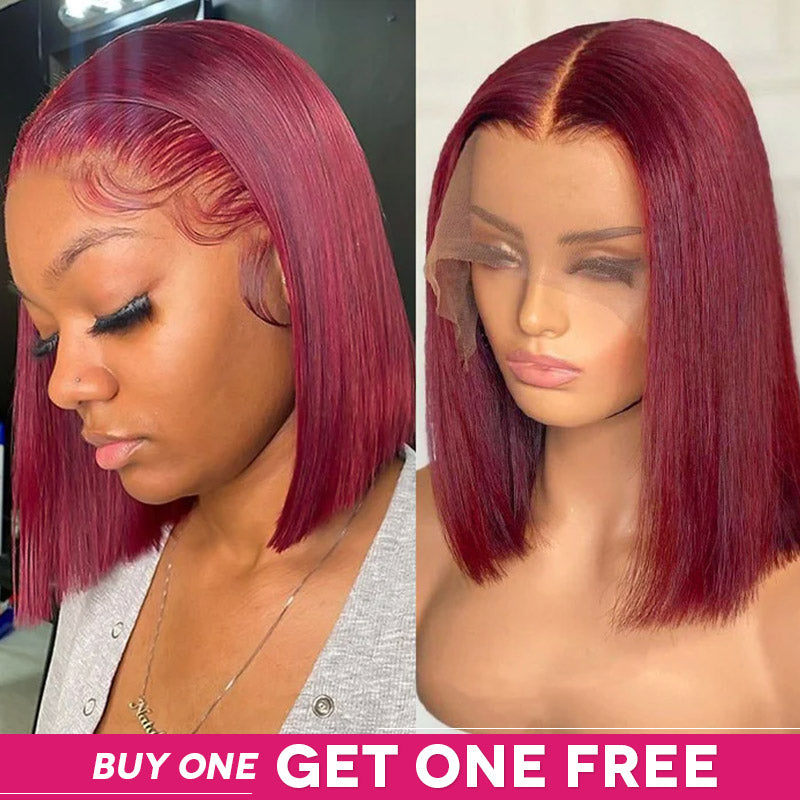 Short Red Bob Wig Worn By a Model With Bogo Free Offer Below